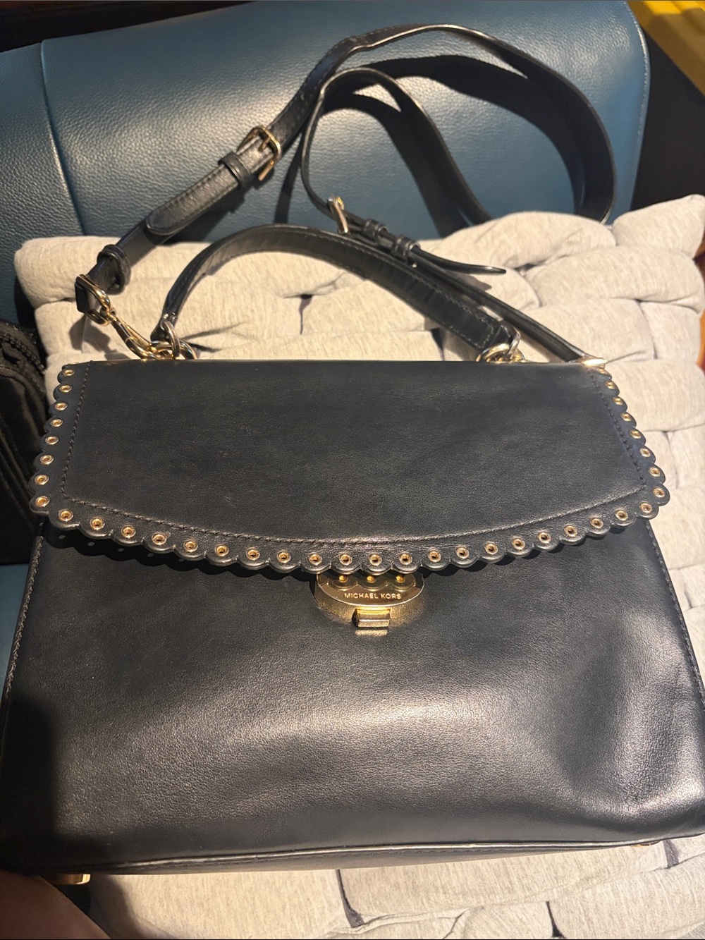 Michael Kors Black Leather Scalloped Stud Satchel with Gold Hardware